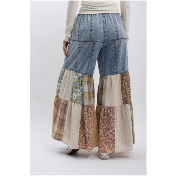 Bluevelvet Chambray Cotton Floral Plaid Print Wide leg Pants - Picture 4 of 7